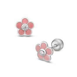   Lisa köves rózsaszín virágos fehér arany gyerekfülbevaló gömbzárral